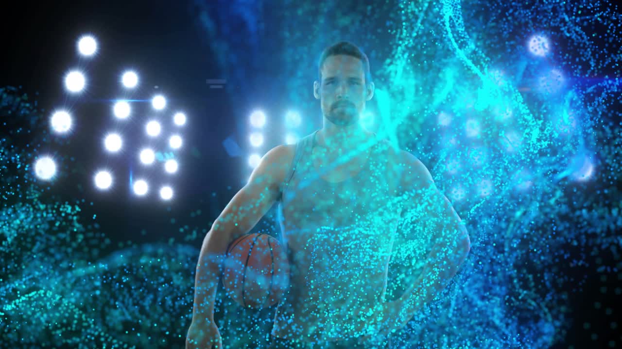 Atleta con palla da basket che osserva una nuvola turchese emergente fluire nel canestro e poi svanire
