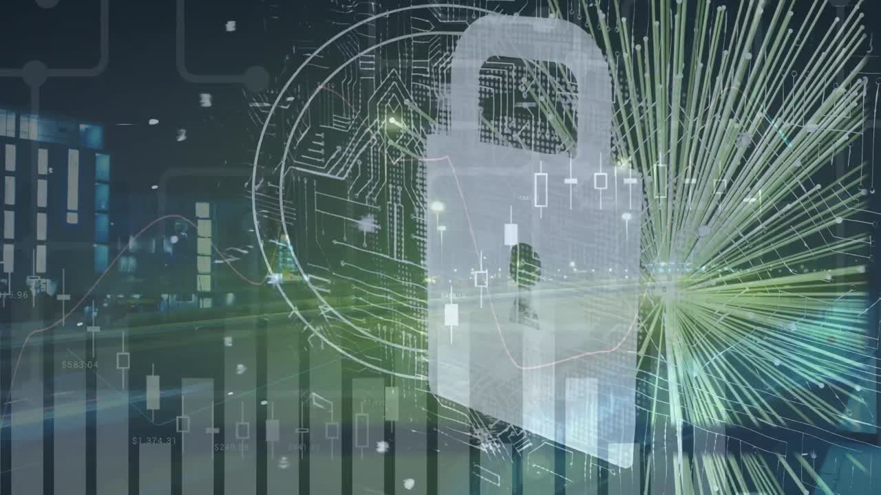 анимация обработки данных и световых троп по городскому пейзажу