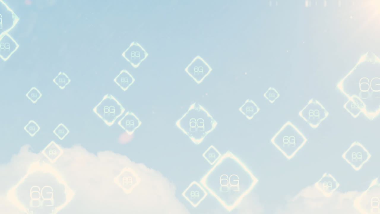 Floating animation of digital 6G symbols in blue sky with clouds