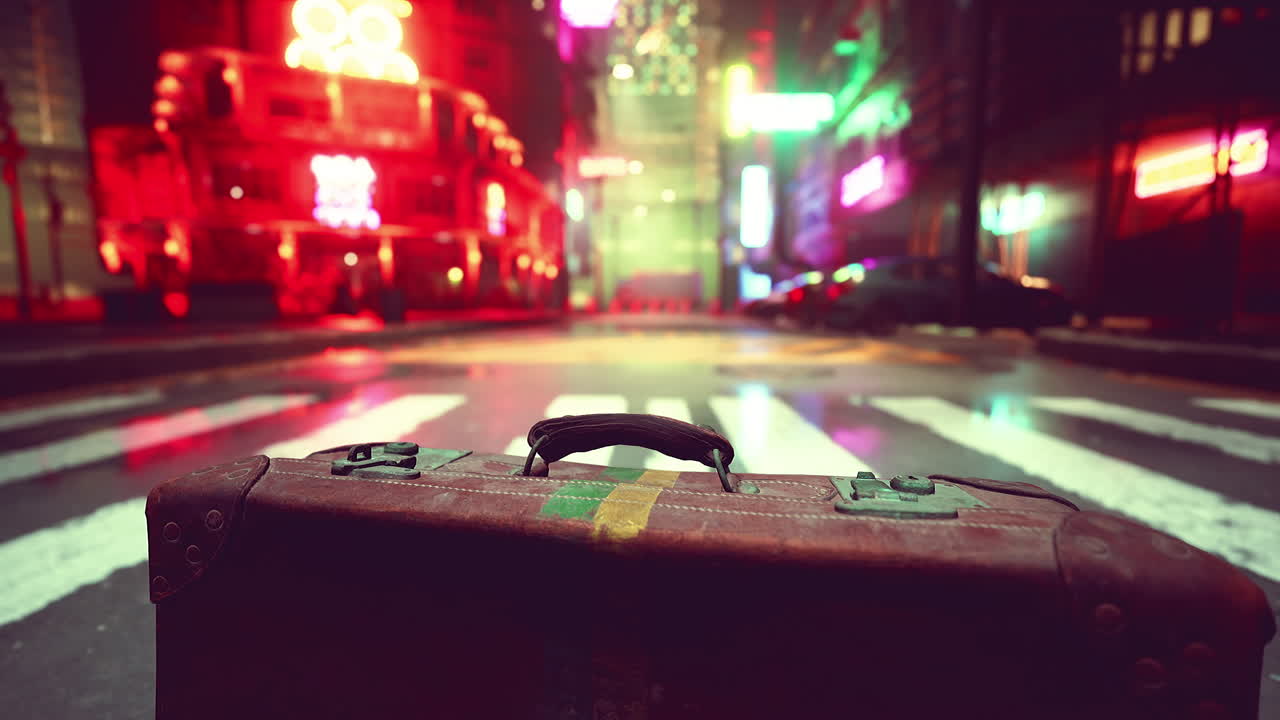 밤에  빈 거리에 있는 빈티지 가방