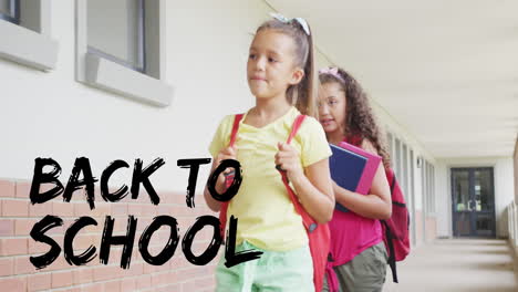 animazione del testo di ritorno a scuola su bambini scolastici diversi e felici a scuola