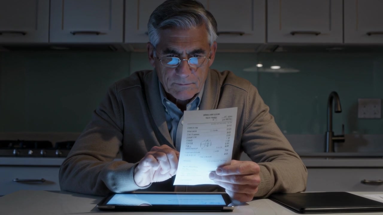 Placing bill, senior man in cardigan tapping tablet and reviewing bill in kitchen, reading glasses
