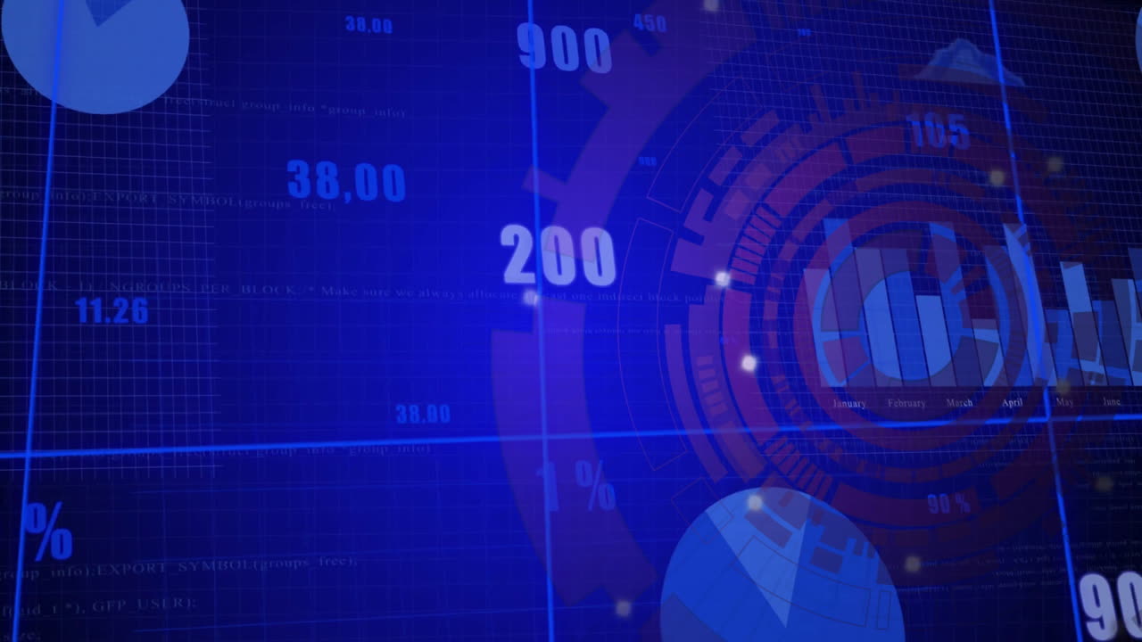 Digital data and graphs animation over blue and red technological background