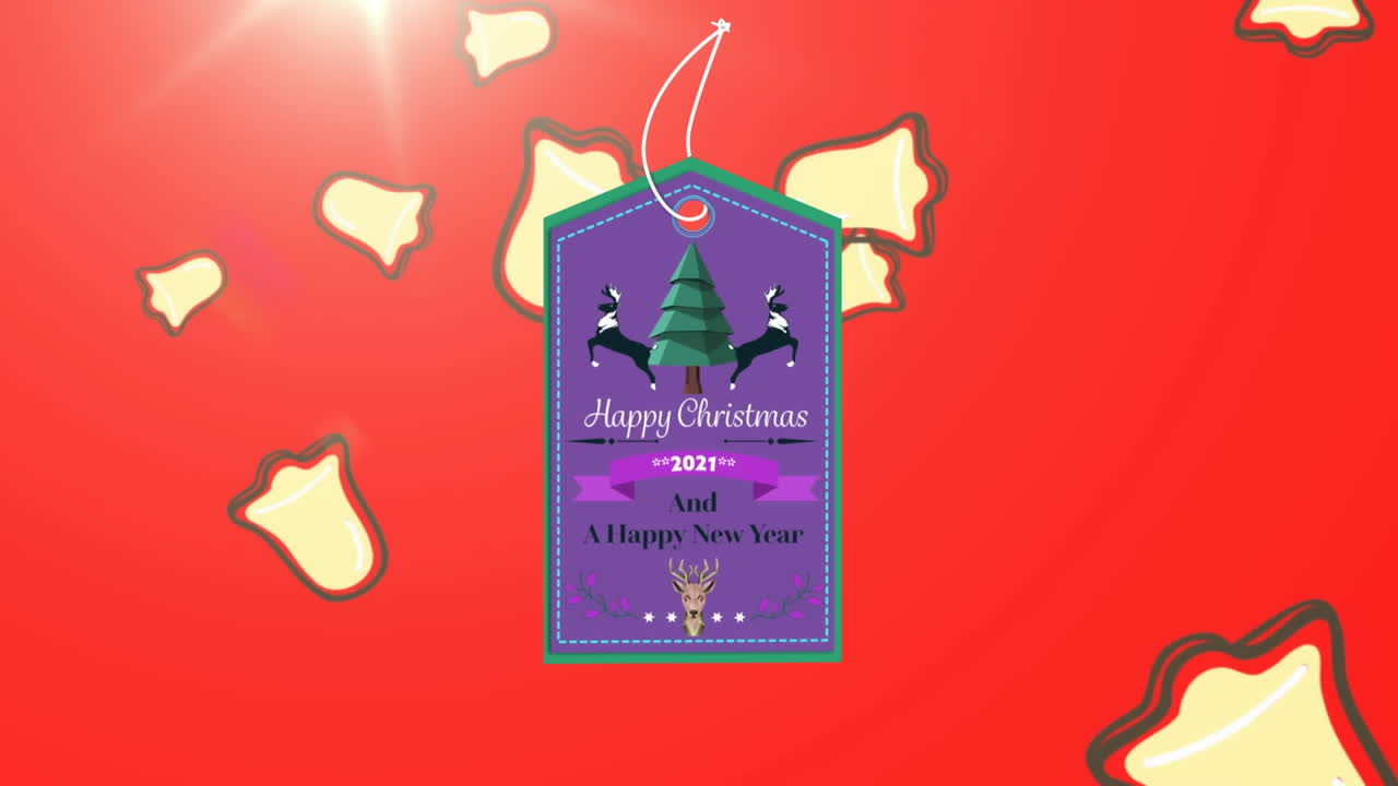 animación del texto de navidad sobre las campanas de navidad que caen sobre un fondo rojo