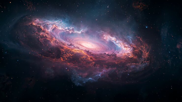 Orbiting camera zooming into spiral galaxy at outer-space void, revealing swirling nebular gas