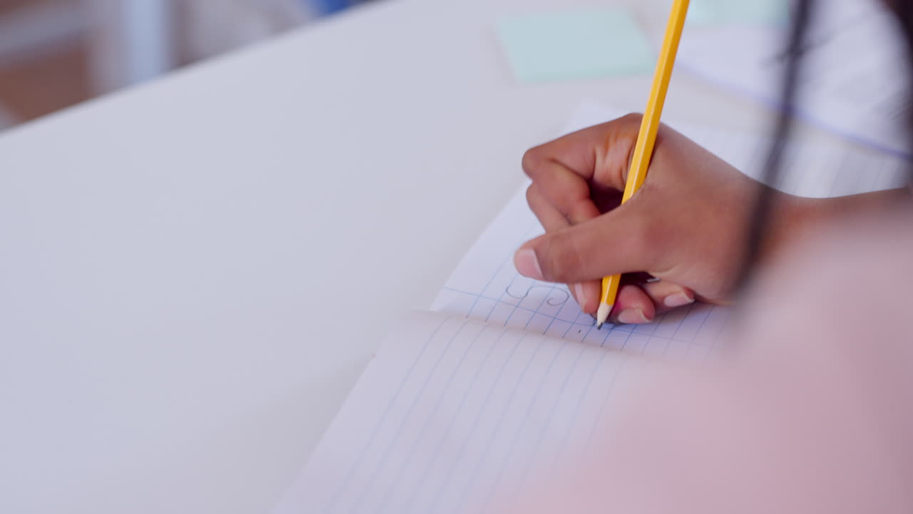 Student, hand and writing in notebook