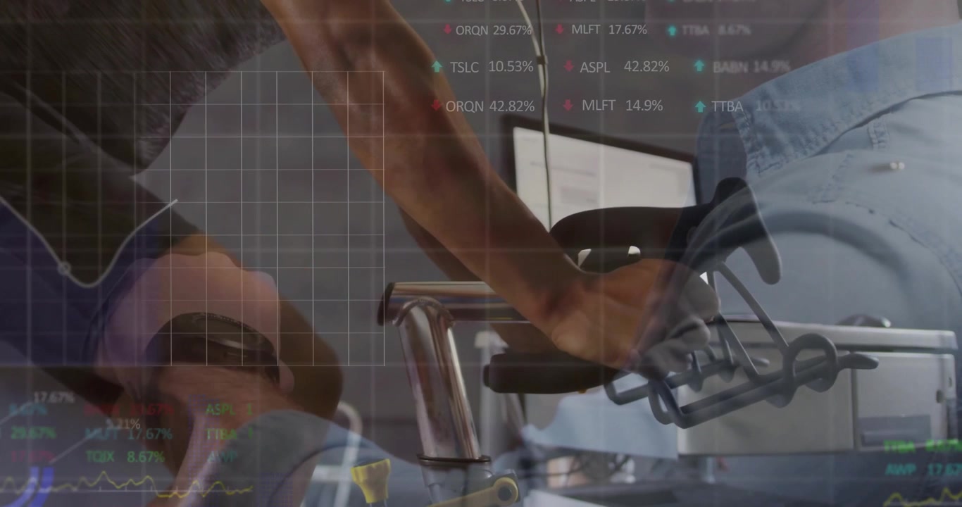 Two cyclists securing straps and pedaling on bikes while animated fitness graphs tracking output