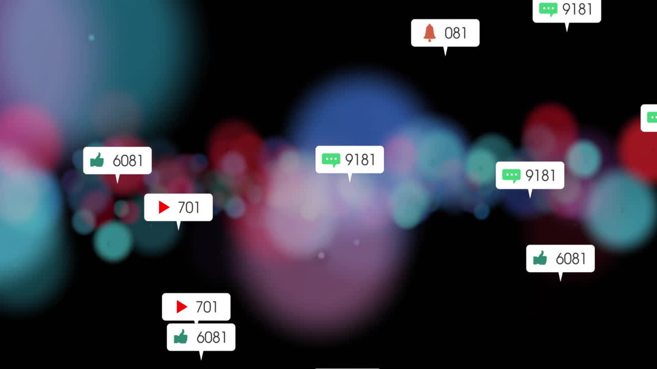 Social media interaction icons animation over colorful bokeh background