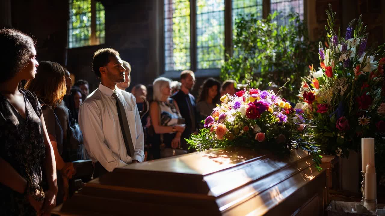 A Solemn Gathering of Friends and Family Paying Their Respects at a Beautifully Adorned Casket Surrounded by an Elegant Display of Flowers in a Softly Lit Interior Space