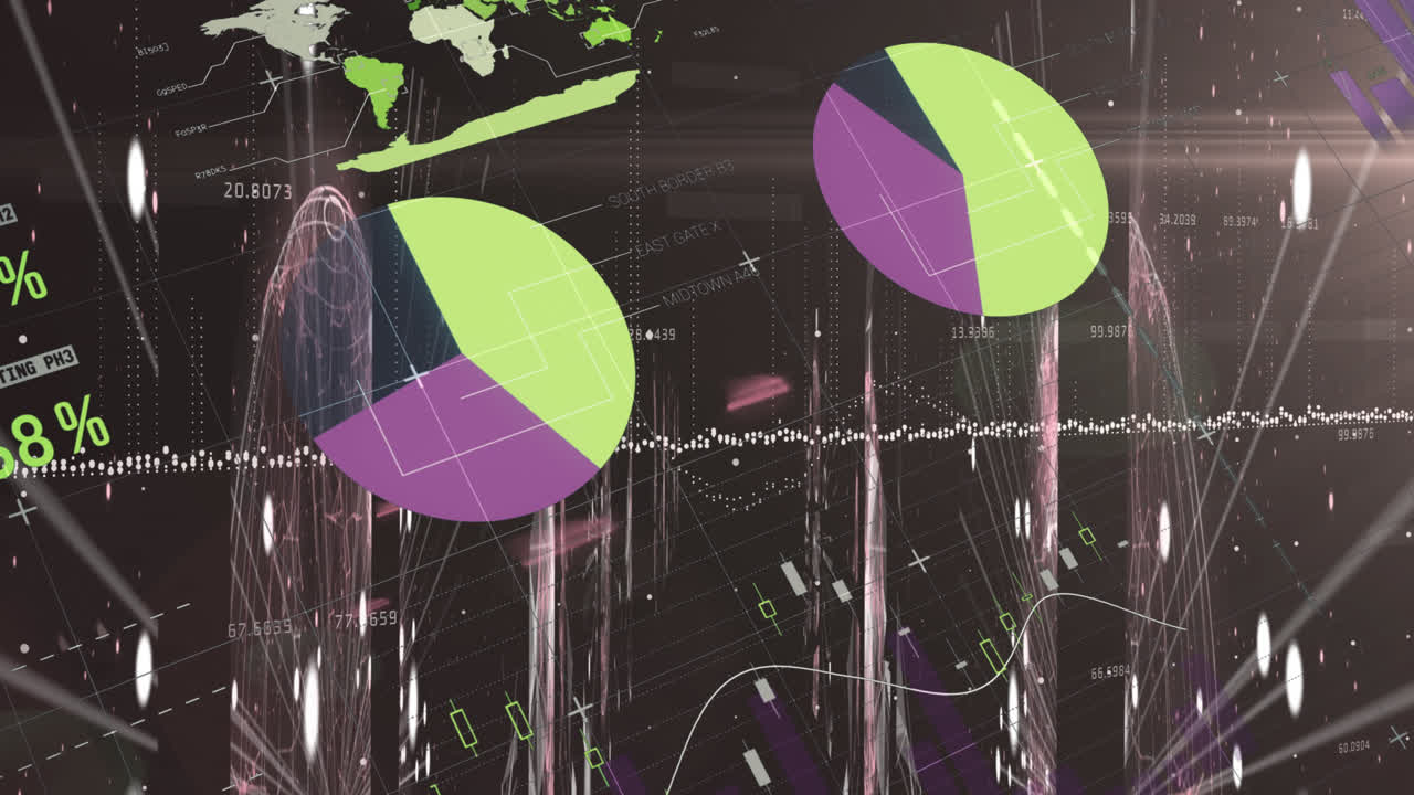 검은색 바탕에 연결 네트워크의 화면에서 통계 데이터 처리의 애니메이션