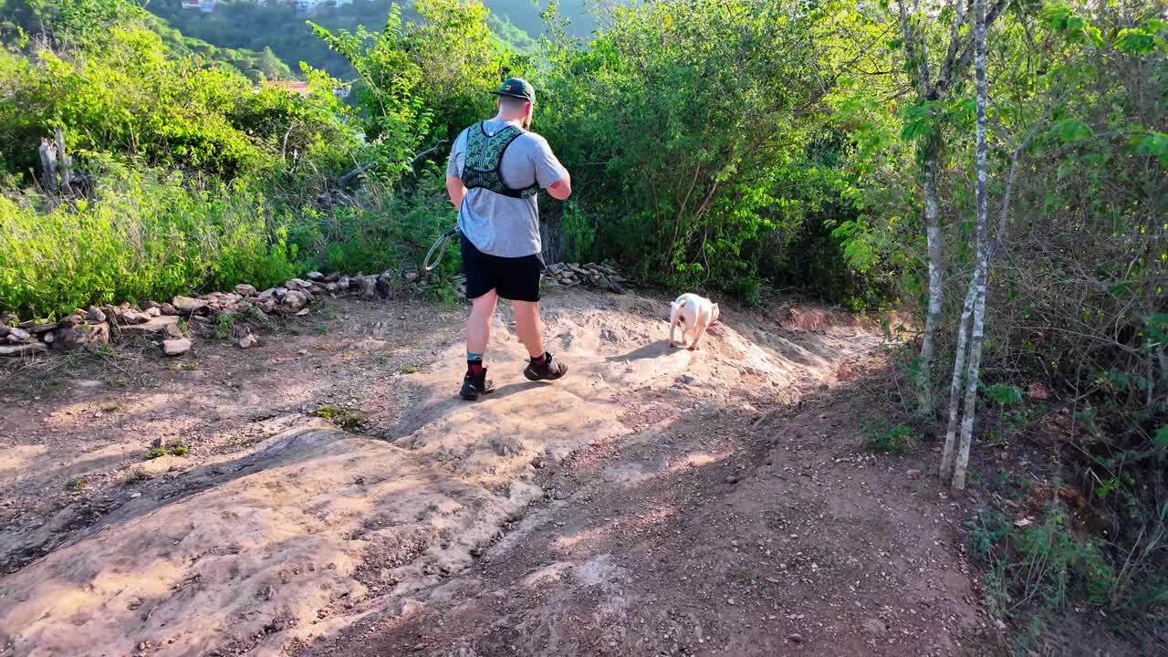 Man Trail runner hiking with a white dog on sunny day in the mountains, South America