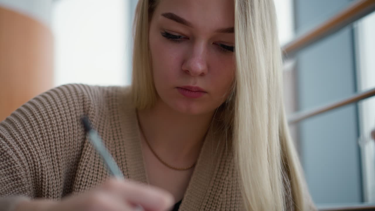 трезвая женщина глубоко сосредоточена на письме с ручкой, ее длинные волосы каскадируют над плечом, нежное ожерелье лежит на ее шее, в то время как она концентрируется на своей работе