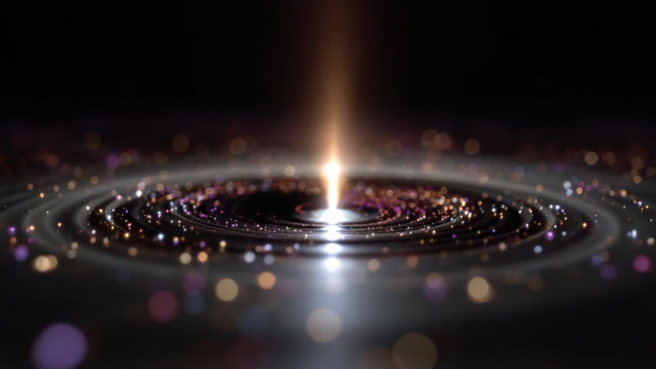 Un affascinante fenomeno cosmico che mostra particelle vorticose e luce radiosa, a simboleggiare i misteri dell'universo e la bellezza delle dinamiche celesti.