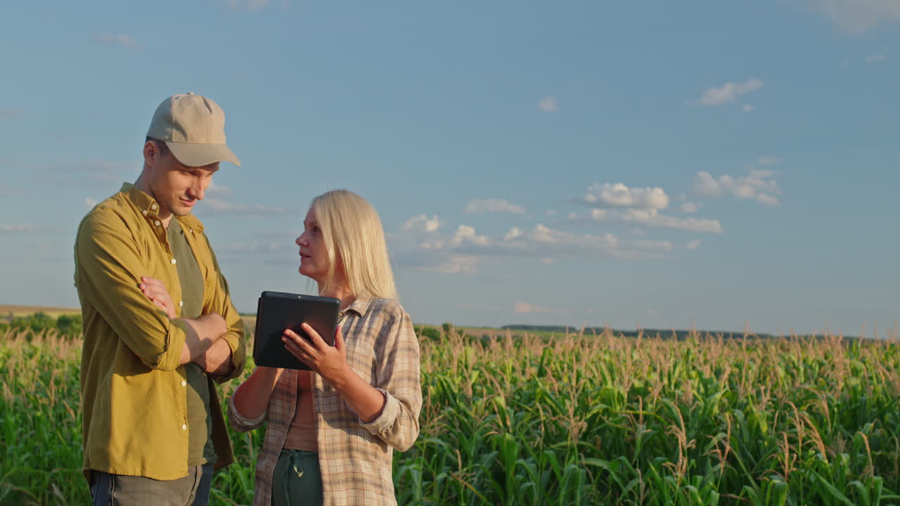 Farmers Discussing Crop Analysis in Cornfield