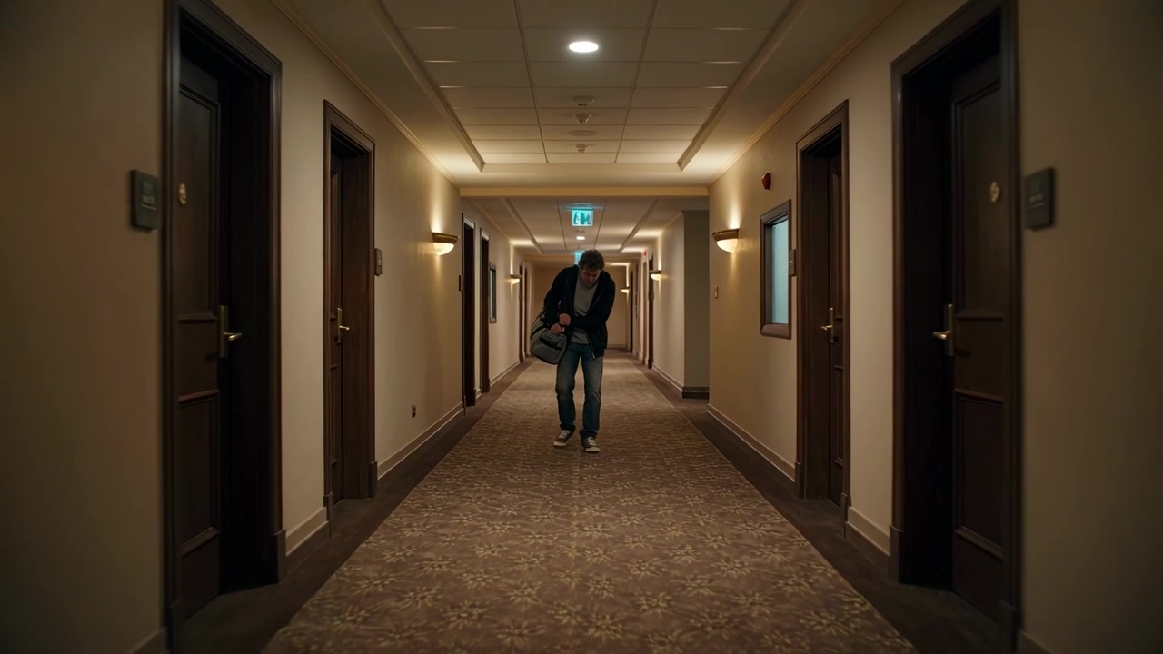 Aparecendo no final, homem de moletom escuro e jeans caminhando por um corredor de hotel verificando uma mala de viagem
