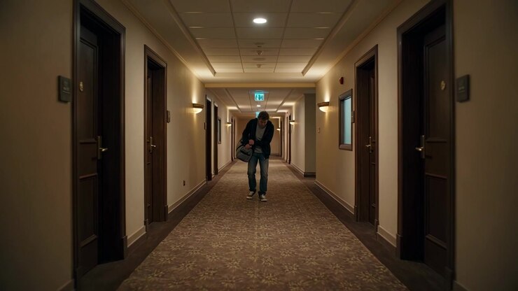 Mand i mørk hættetrøje og jeans dukker op i enden og går ned ad hotelkorridor, mens han tjekker sin sportstaske.