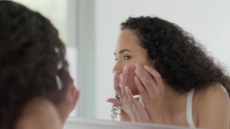 cosmetics, mirror and woman with skincare