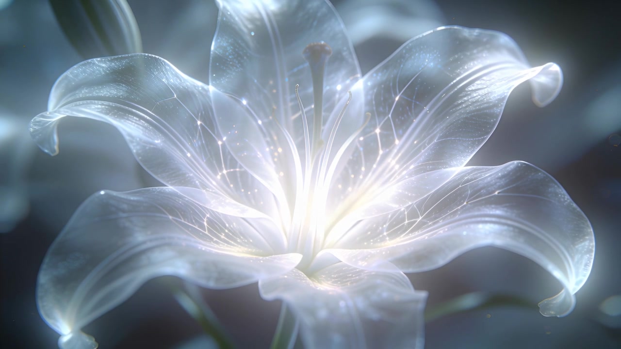Fiore di giglio bianco luminoso che reagisce a una luce interna crescente in studio, con i nodi dei filamenti che luccicano.