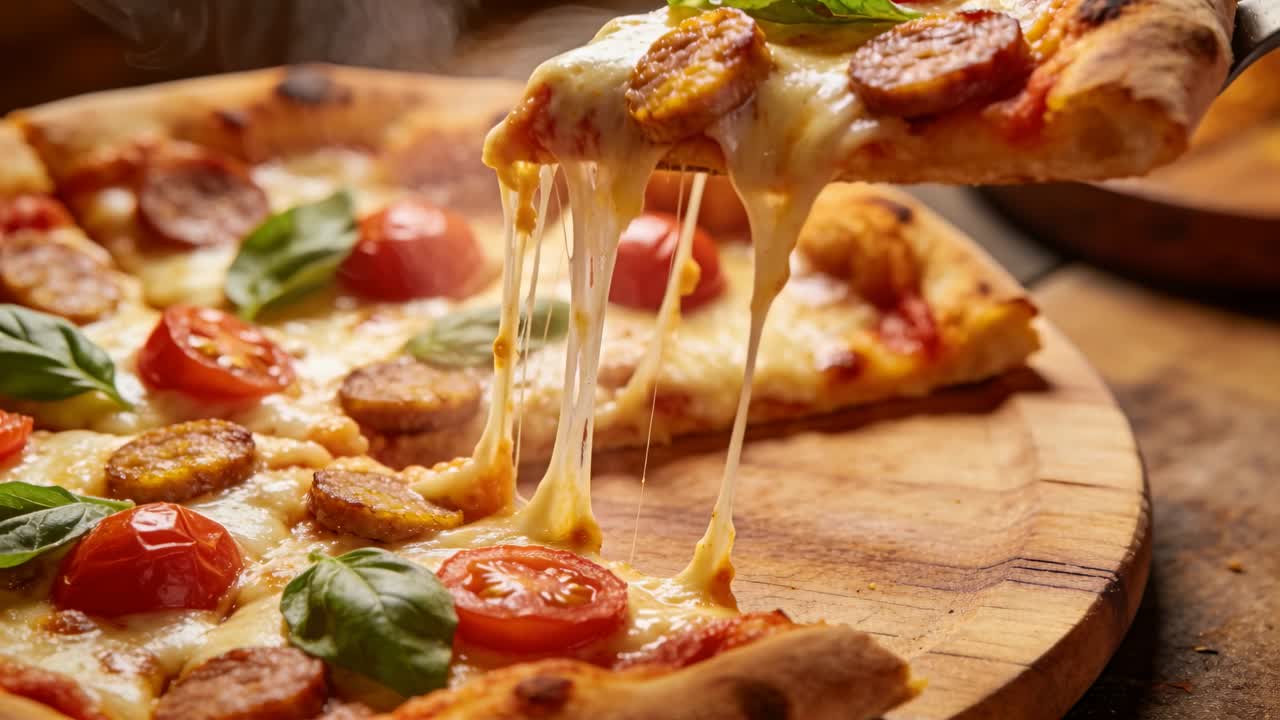 Una paletta per pizza solleva una fetta da una pizza su un bancone caldo per servire, con la mozzarella che fila.