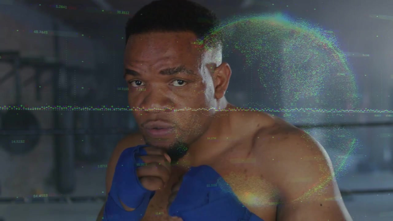 Male boxer jabbing camera, training punches and defending in ring, scan-line flare obscuring face