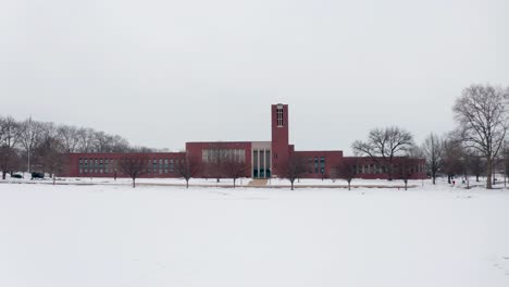 low angle aerial of large college university building in usa