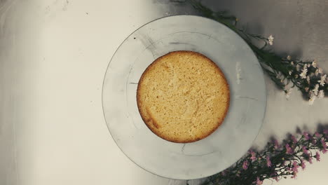 slow motion placing a cake on a white plate closeup