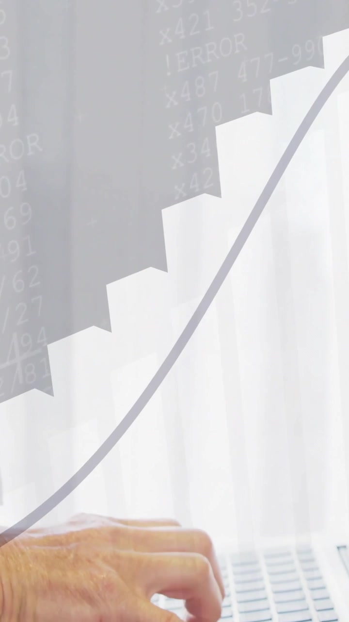 Analista escribiendo en un portátil, con barras animadas y una línea de tendencia ascendente, revisando métricas financieras