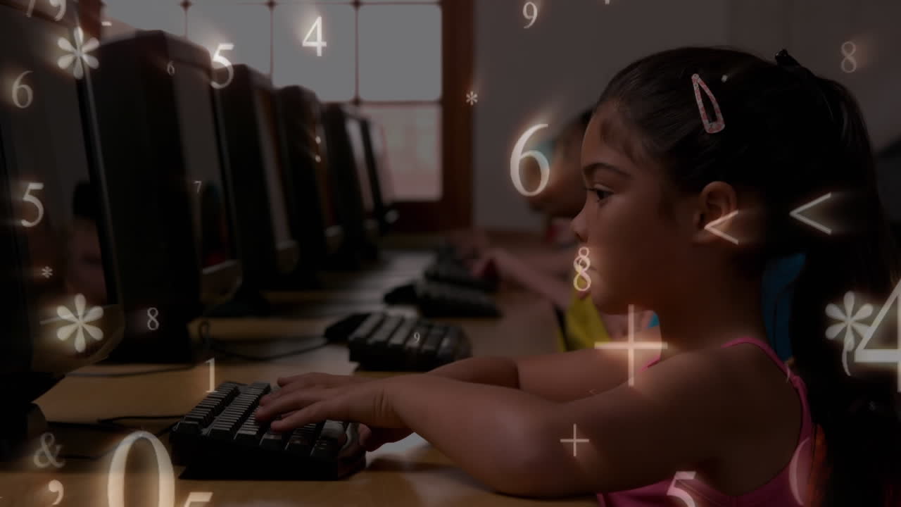 Girl typing on computer with maths symbols