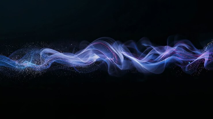 Nastro di luce eterea che scorre e ondeggia attraverso un campo oscuro, partendo da un ammasso di particelle a sinistra.