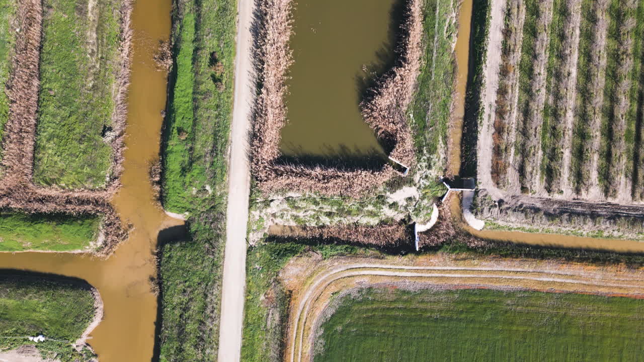 Network of irrigation ditches in Spain, aerial top down view