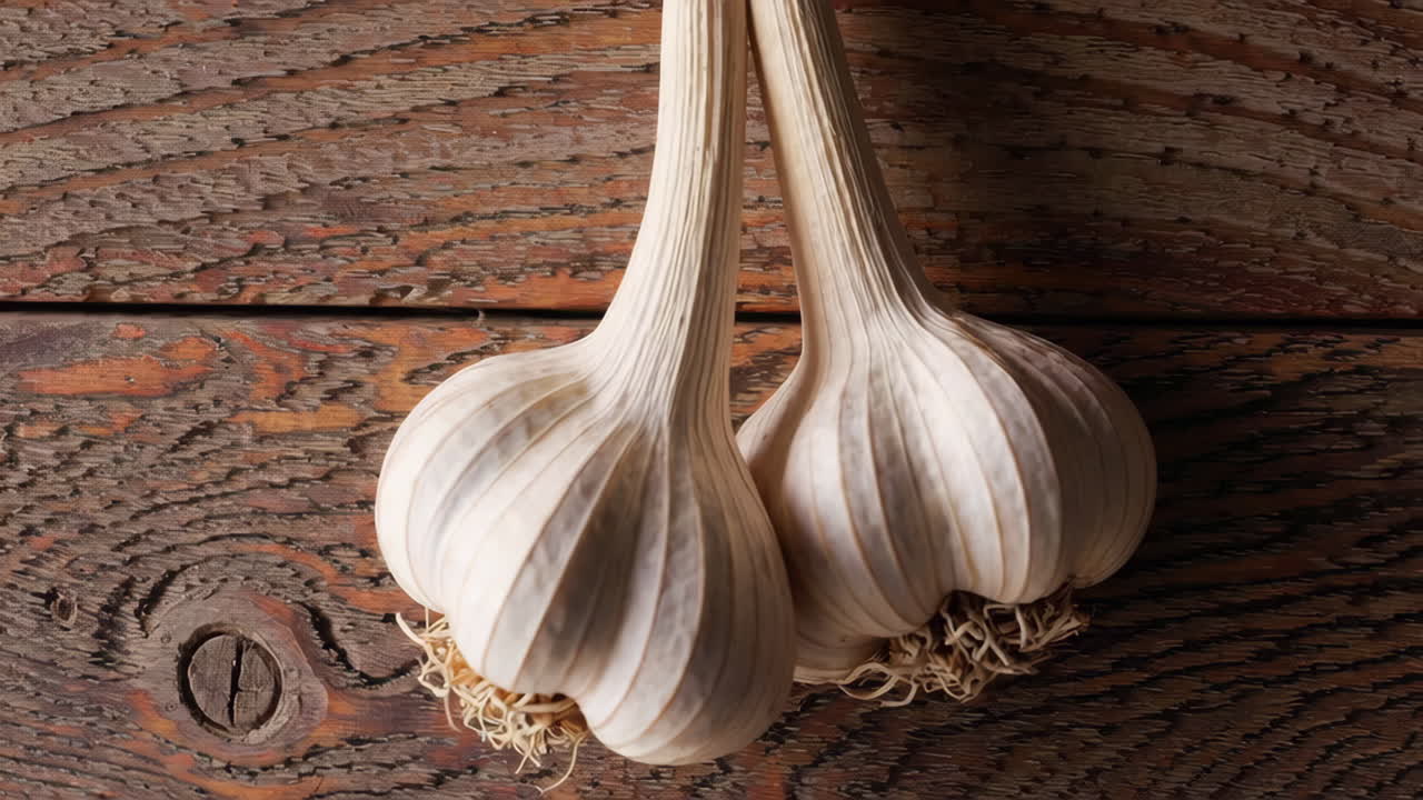 Two Garlic Bulbs Hanging on Rustic Wood Background