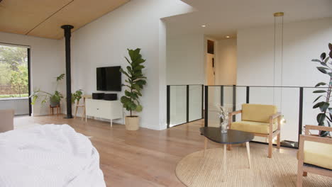 modern living room with indoor plants, cozy seating area, and natural light, copy space