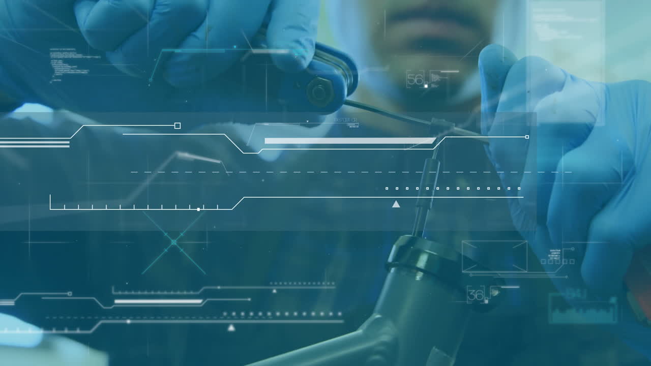 Working on machinery, technician using animation with digital interface in school