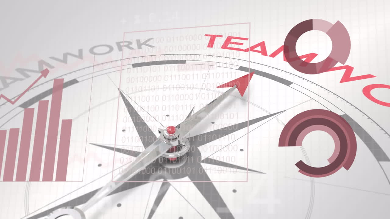 팀워크 텍스트에서 바늘이 움직이는 나침반을 통해 통계 데이터 처리의 애니메이션