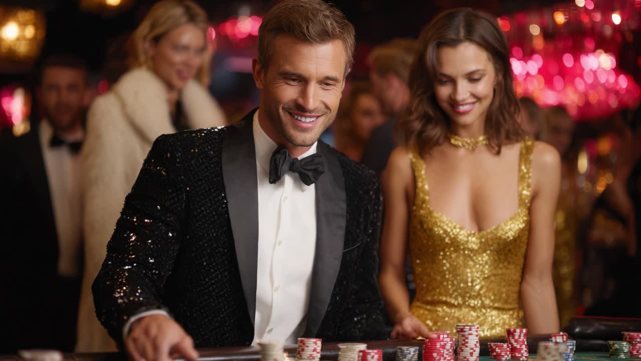 Una serata affascinante al casinò: giocatori vestiti con eleganza si godono il brivido del gioco immersi nell'atmosfera vivace del gioco d'azzardo ad alto rischio