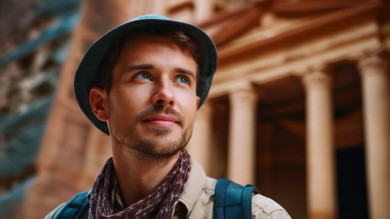 Un giovane viaggiatore con un cappello blu osserva pensieroso un'antica architettura, circondato da maestose strutture in pietra e dalla bellezza della storia in una calda atmosfera illuminata dal sole