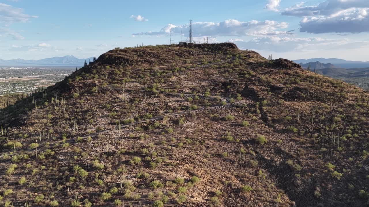 Drone shot ascending trails of Tumamoc Hill in Tucson, Arizona