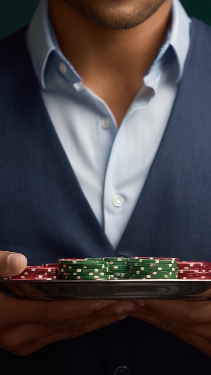 Cena elegante de noite de pôquer, apresentando um jogador segurando um prato de fichas de cassino coloridas em traje elegante contra um fundo luxuoso.