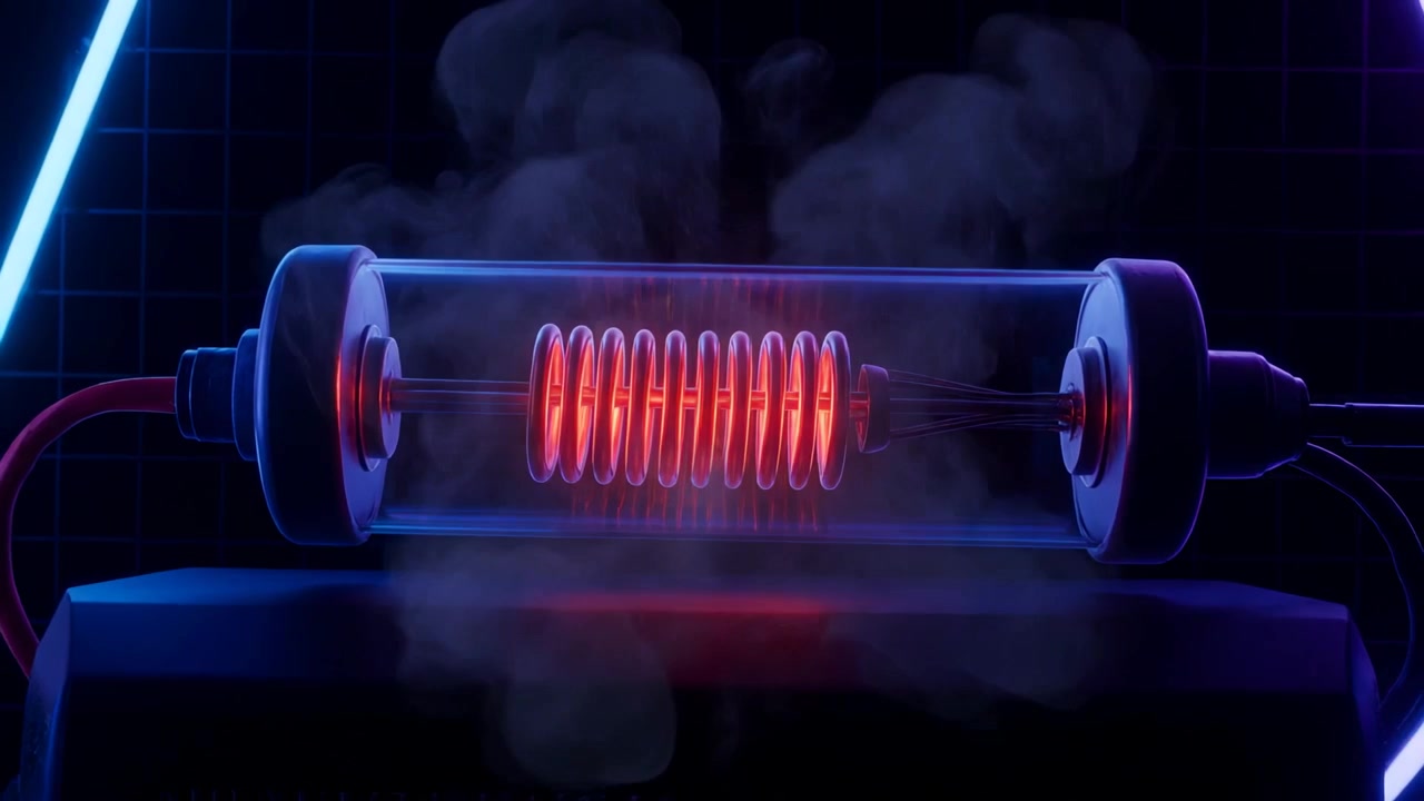 Receiving power, helical metal coil heating, emitting smoke and igniting inside glass tube on bench