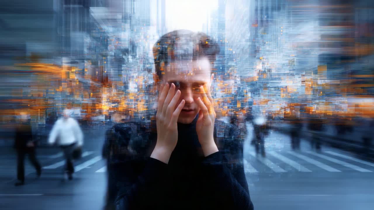 An Artistic Exploration of Emotional Overwhelm: A Visual Journey into the Depths of Anxiety Amidst the Bustling Cityscape Captured in Two Frames