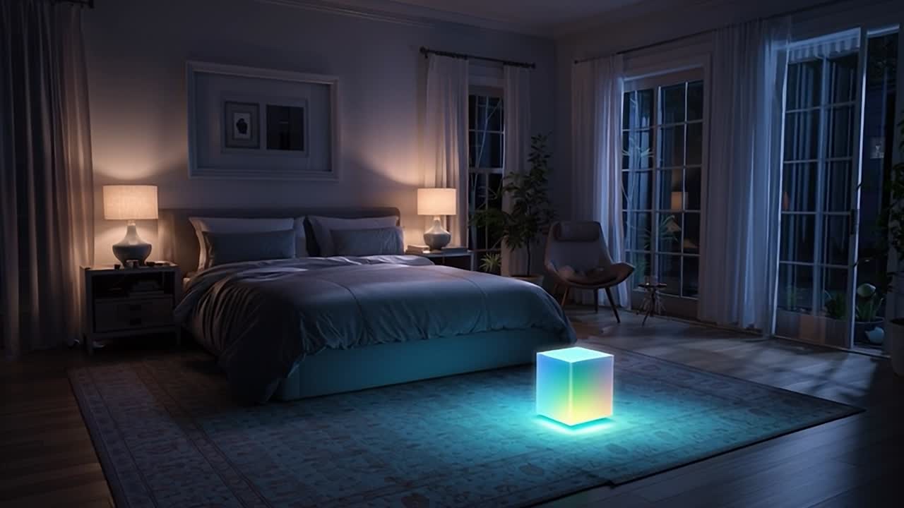 Dormitorio acogedor por la noche con una lámpara que irradia luz para un ambiente relajante.