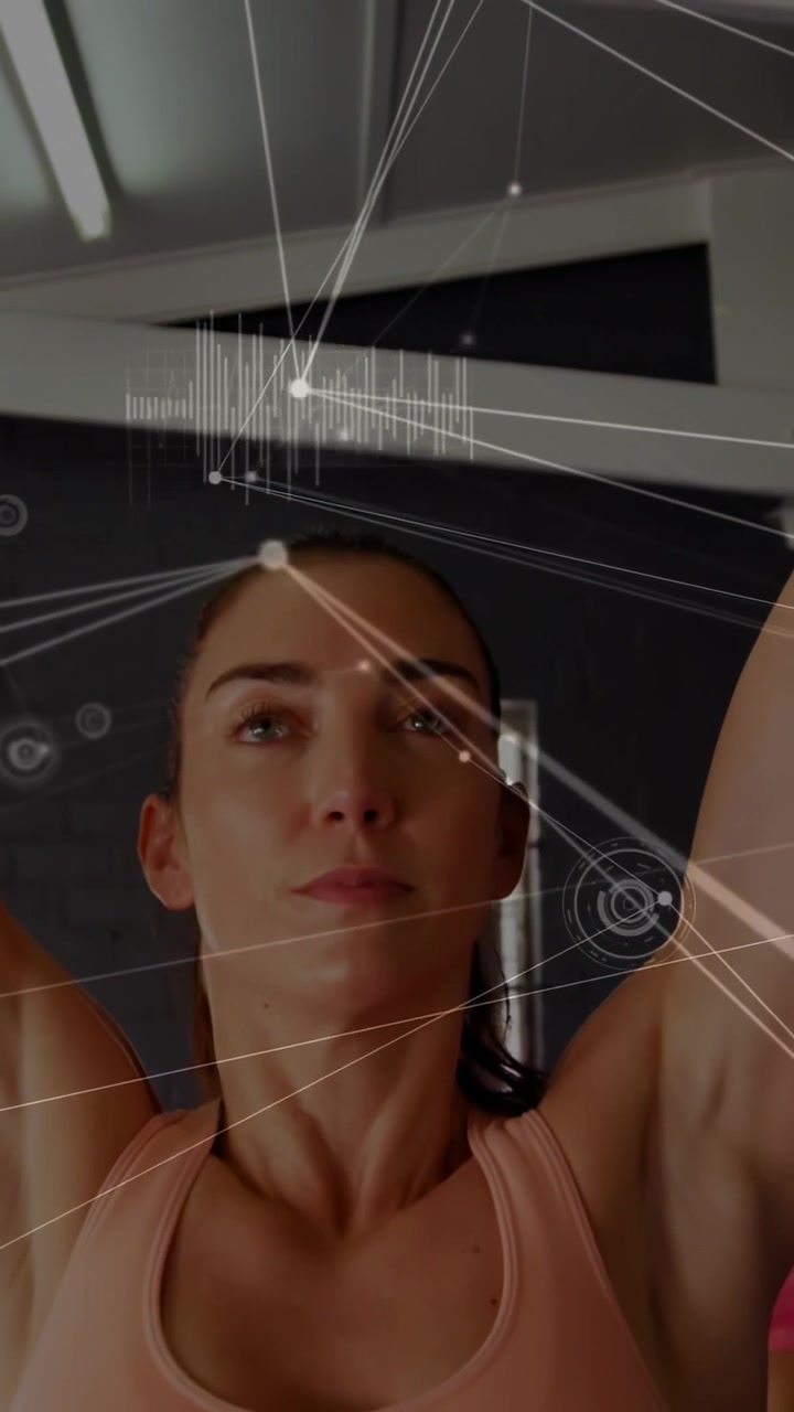 Vertical video: Female athlete starting bent grip, pressing bar overhead for fitness, HUD tracking