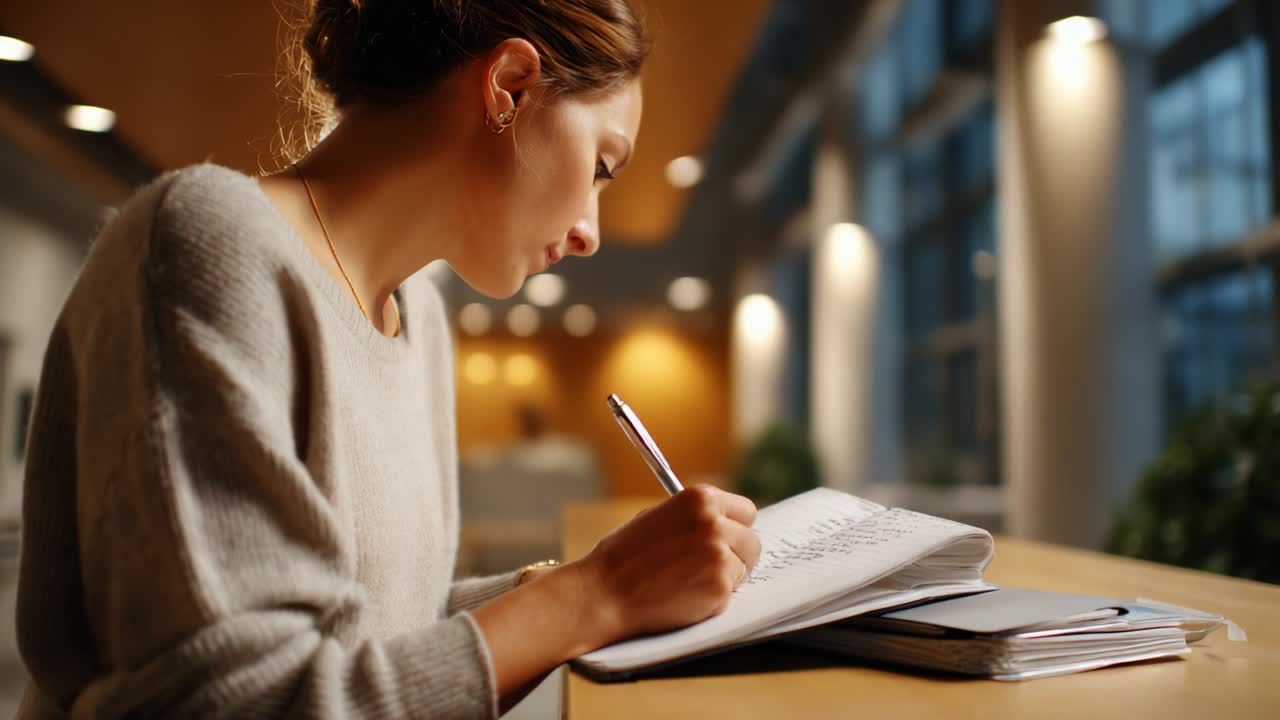 A focused young woman diligently takes notes in a notebook, showcasing dedication and concentration in a modern workspace filled with natural light, capturing the essence of learning and productivity