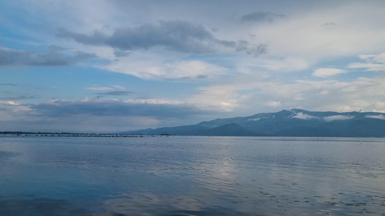 Kerkini Reservoir in northern Greece seen on a chilly spring day, with mountains, overcast skies, and migratory birds gliding in the distance