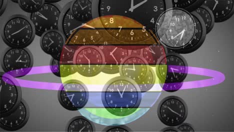animación del planeta multicolor saturno, el sistema solar y el espacio sobre el tictac del reloj