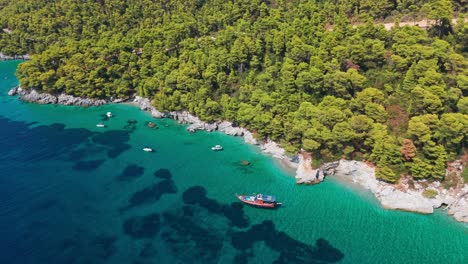 barcos en aguas cristalinas de color turquesa a lo largo de una exuberante costa verde, vista aérea