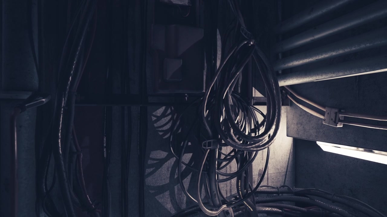 Tangled wires and cables in a dimly lit industrial environment