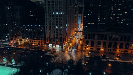 parallax aerial of chicago street at night in the winter 2023 with a futuristic color grading and cyberpunk mood