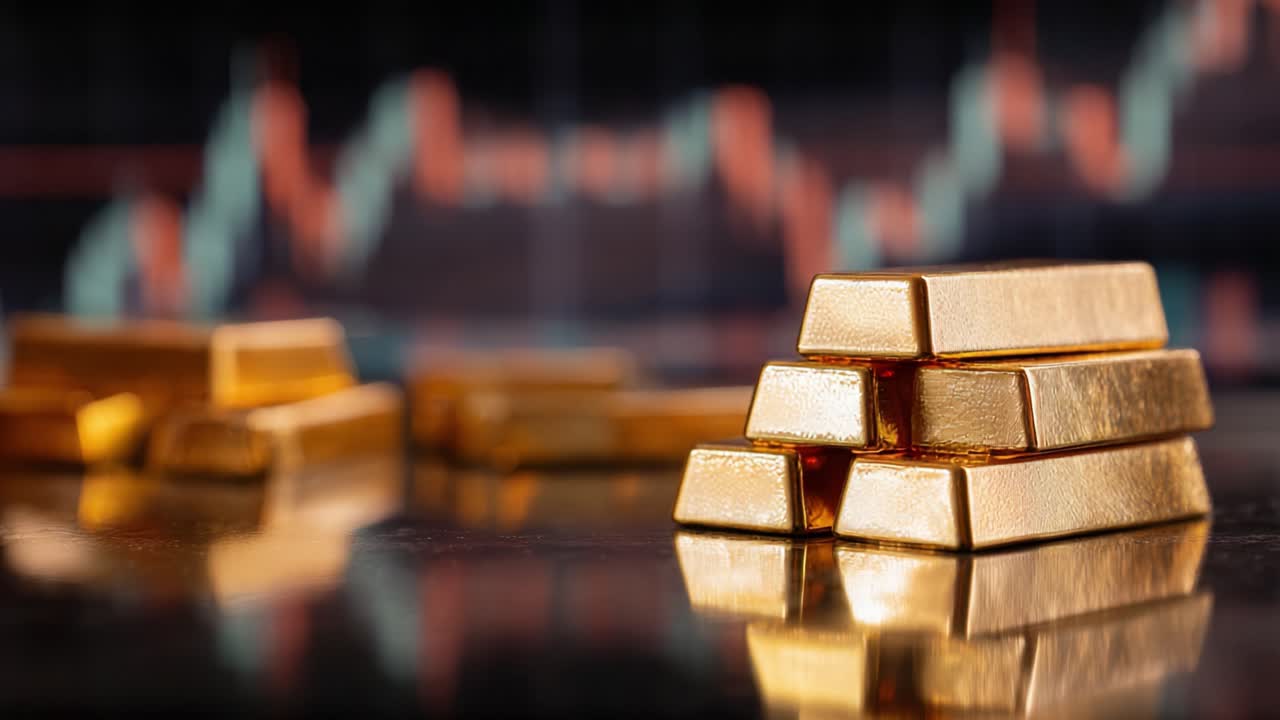 Shining Gold Bars Stack Representing Wealth and Investment in Finance with Rising Market Trends in the Background - A Symbol of Prosperity