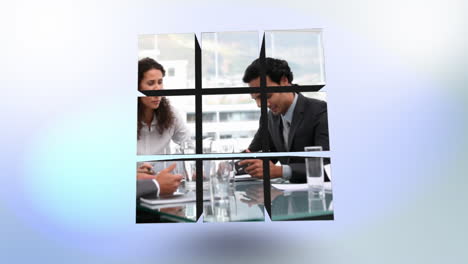 cubo con videos sobre personas de negocios en el interior